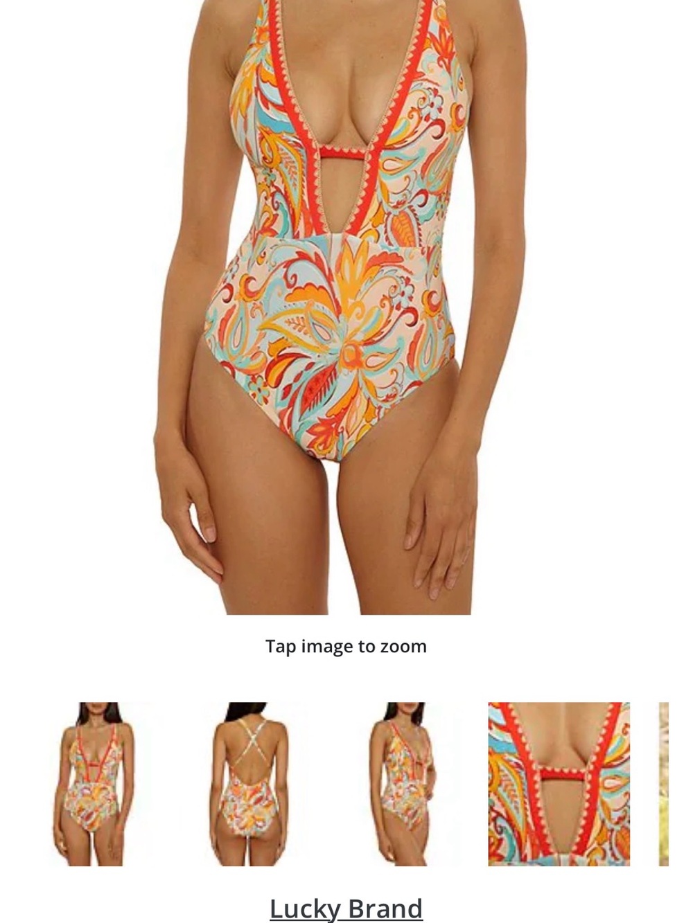 Lucky Brand Orange Multi Floral Plunge One-Piece Swimsuit